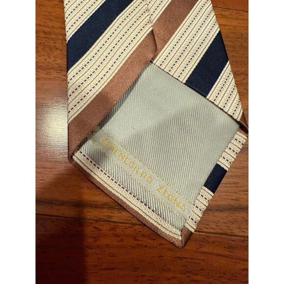 Ermenegildo Zegna Slant Stripe Silk Tie Cream, Brown, Black Dotted 3.5”W x 58"L - Picture 5 of 9